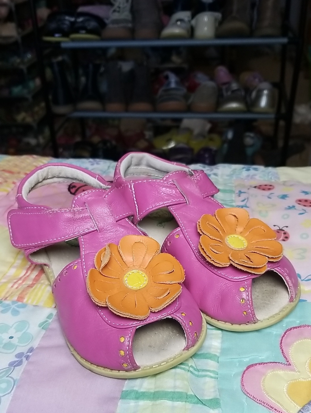 Livie & Luca Pink Leather Peep toe Sandals with Orange Leather Flowers Size 11